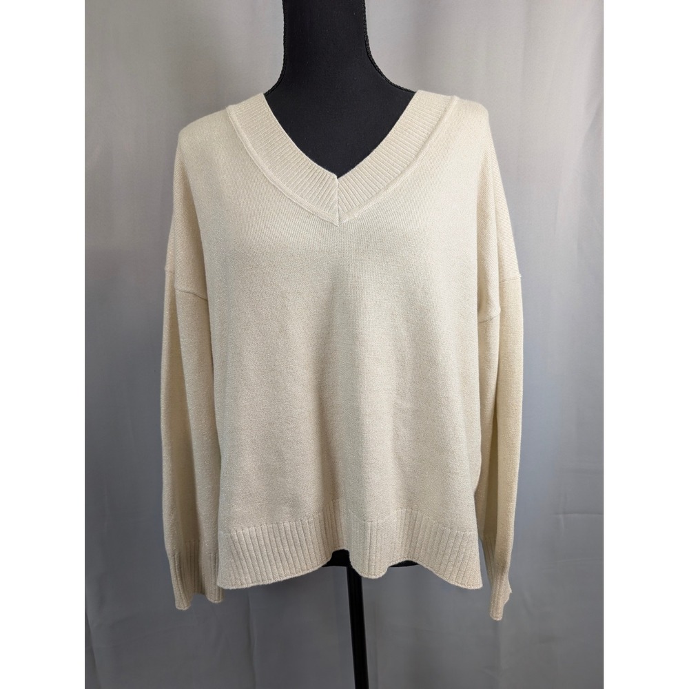 Wonderly V-Neck Sweater Womens Small Parchment Cream Metallic NWT